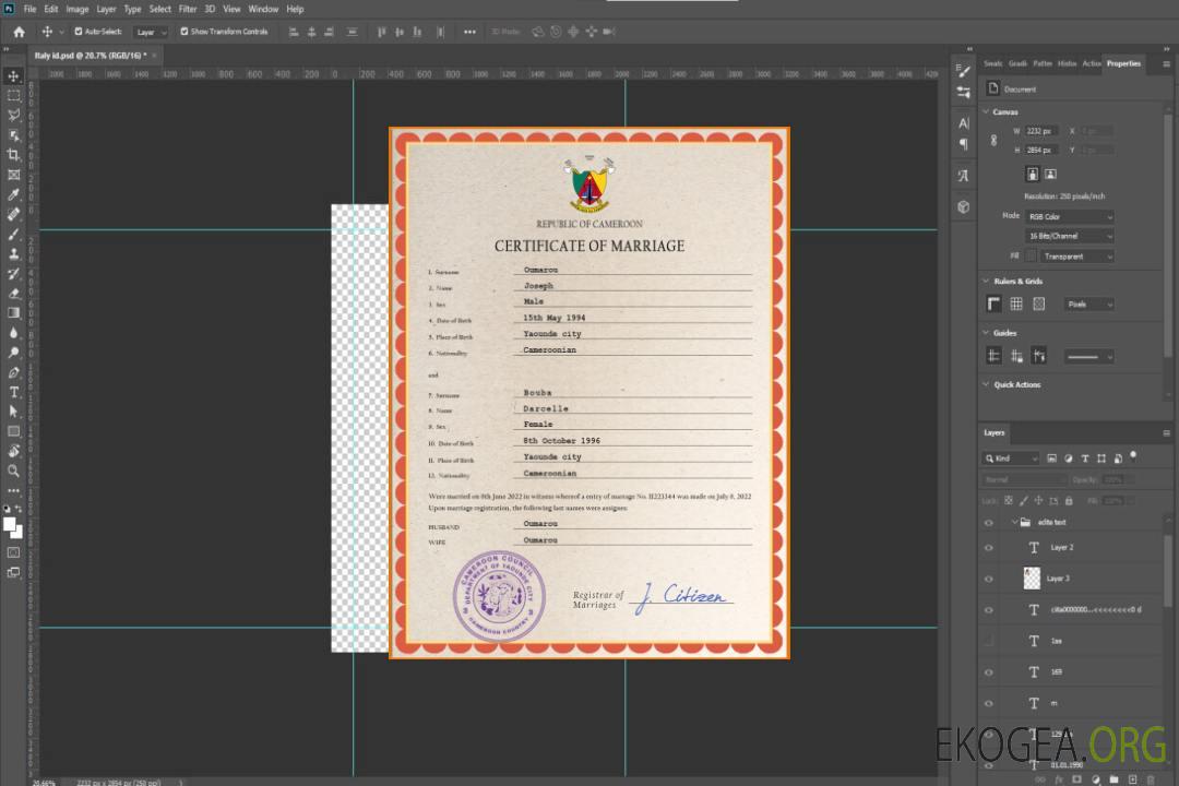 Modèle PSD de certificat de mariage au Cameroun template